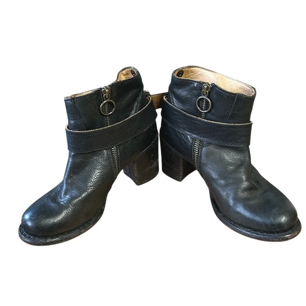 Fiorentini + Baker Black Leather Moto Ankle Boot Buckle Strap Block Heel Italy 6
